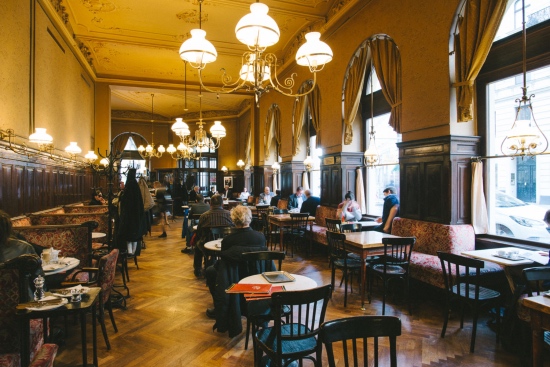 Beautiful chandeliers line the café as people read with a cup of coffee by their side